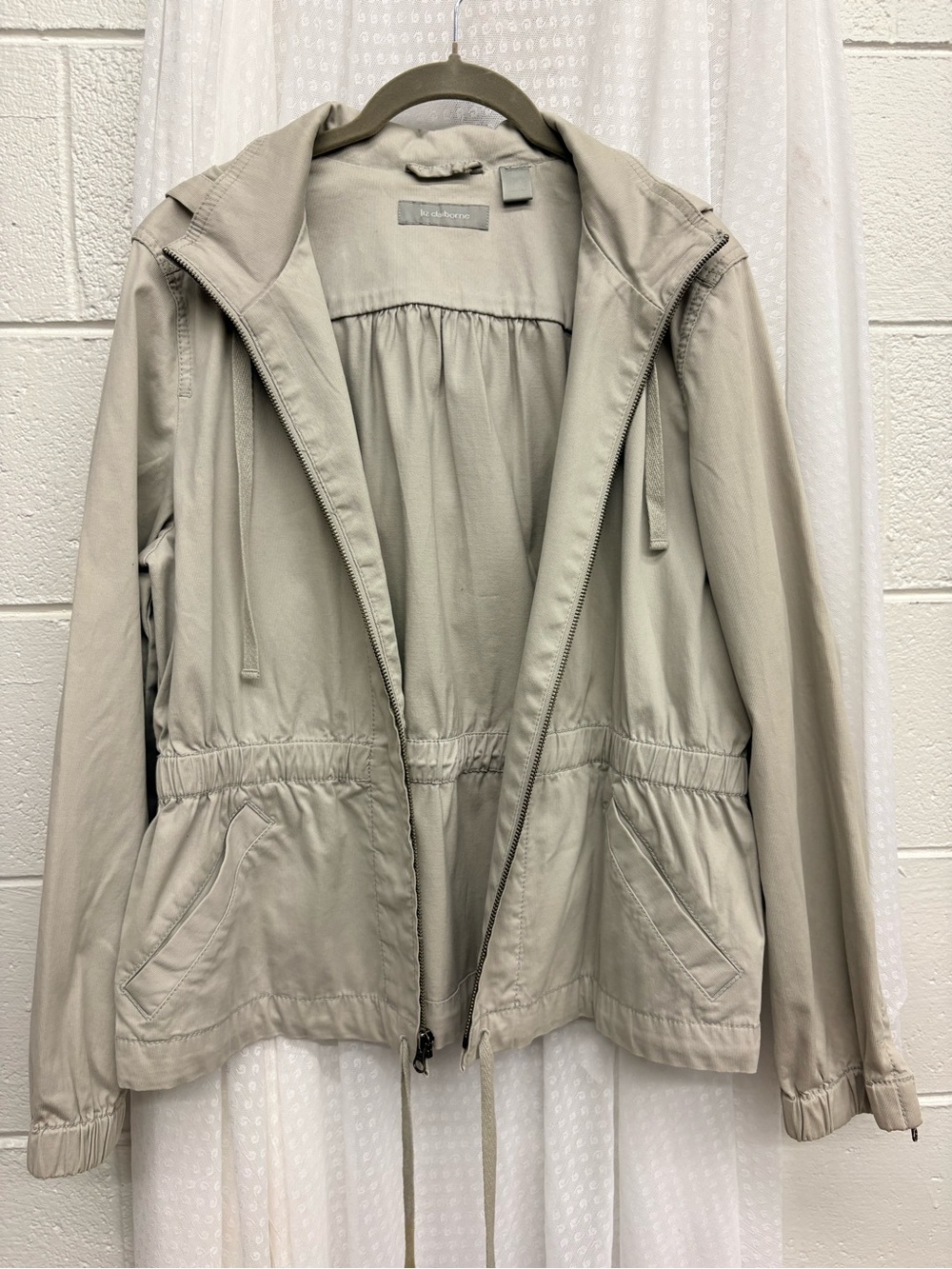 Light Beige Drawstring Waist Utility Jacket With Removable Hood